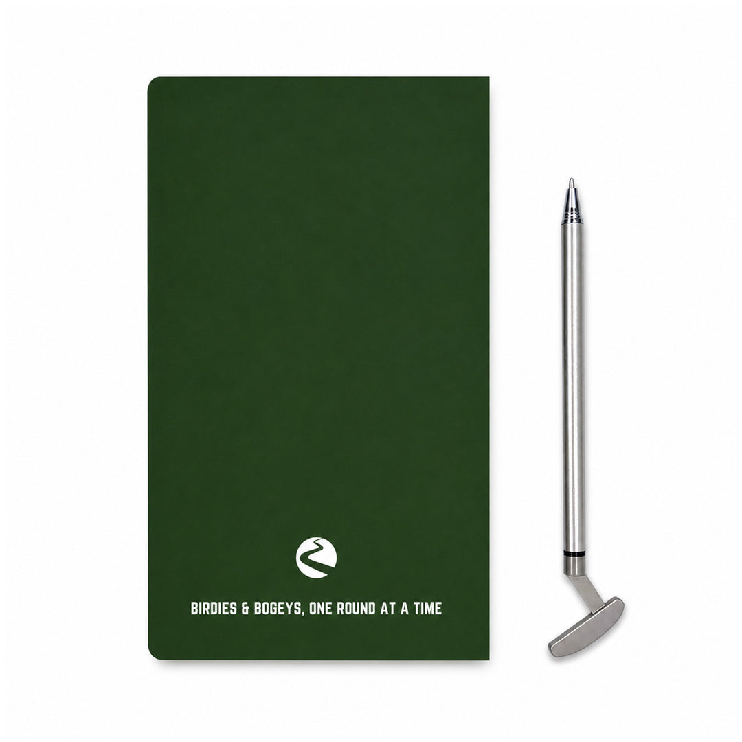 Green notebook with golf club design and text on a white background 