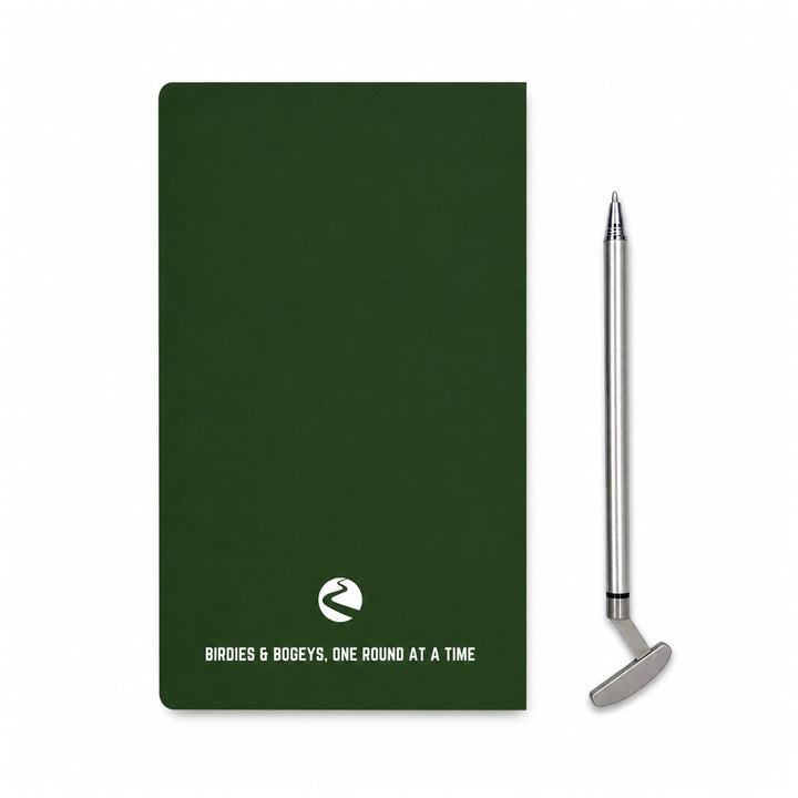 Green notebook with golf club design and text on a white background 