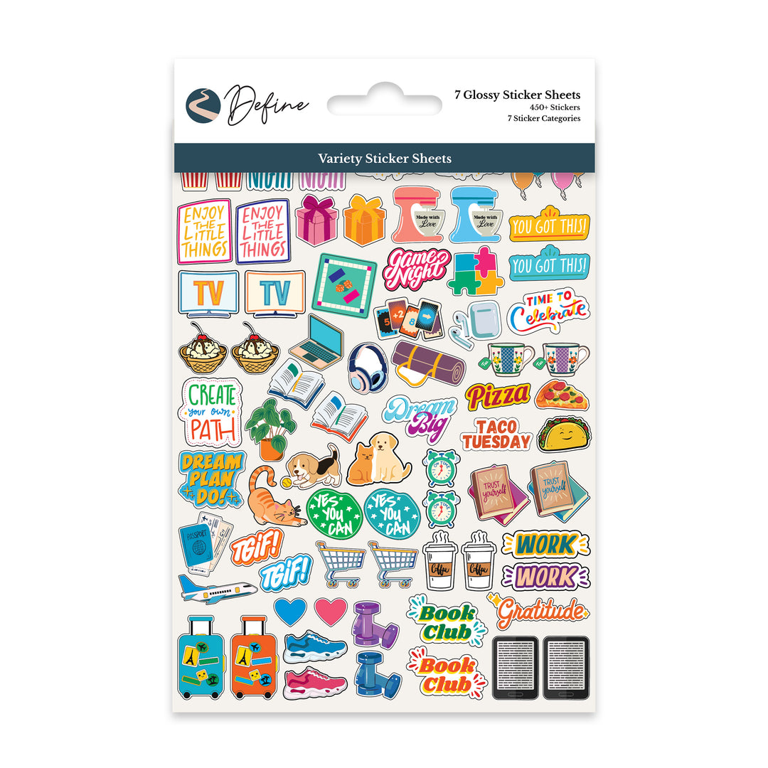 Packaging of 'Define' sticker sheets with various colorful stickers on a white background