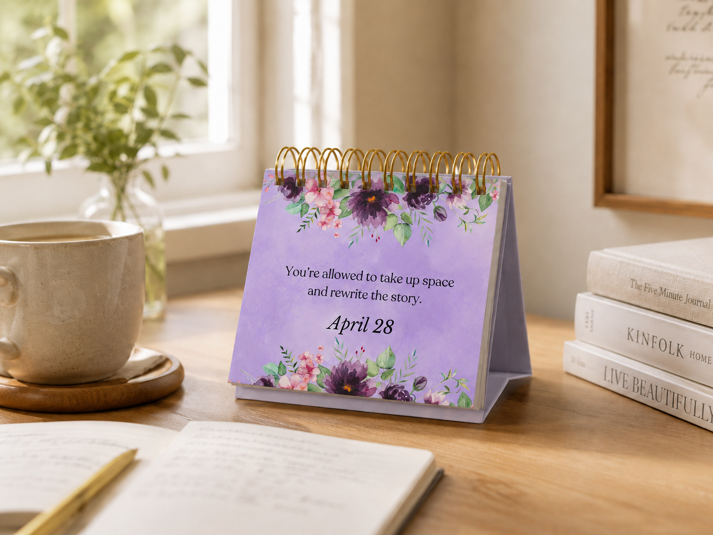 Desk calendar with floral design on a desk with a mug and books