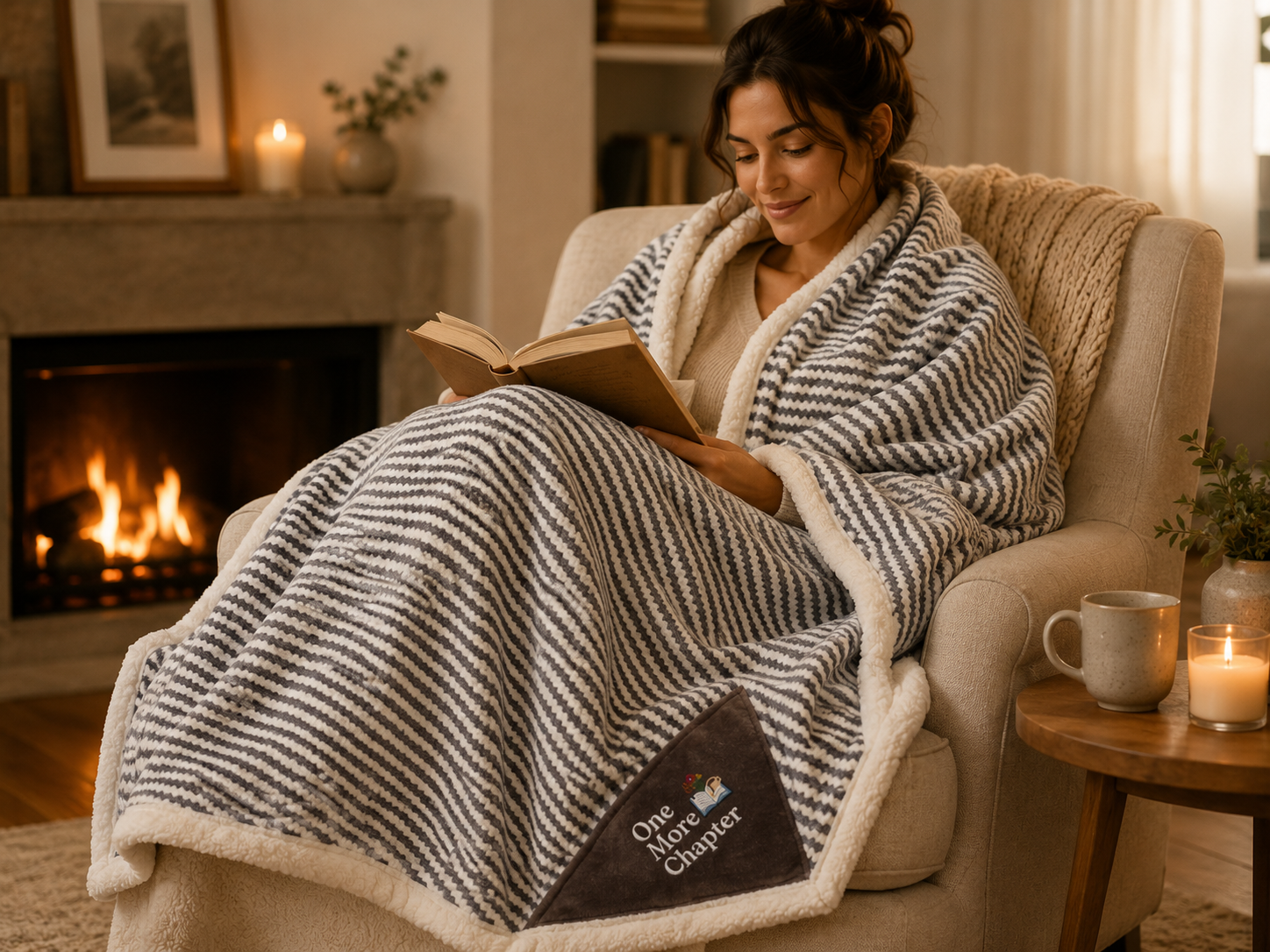 Woman reading a book in a cozy living room with a fireplace and blanket.