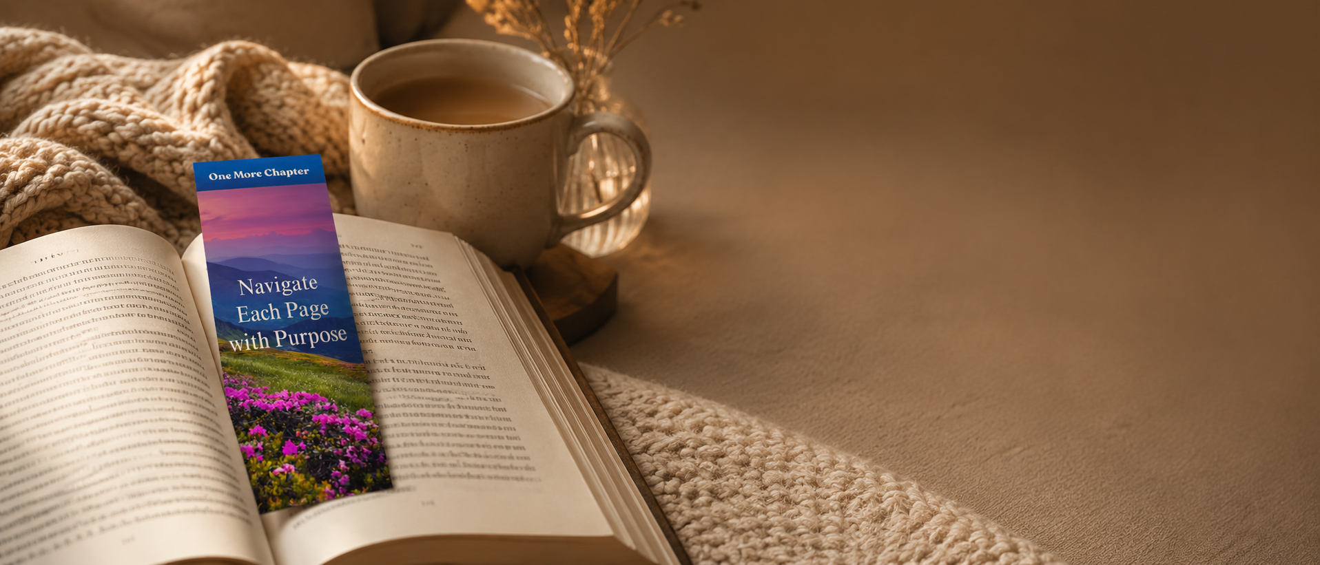 Open book with a coffee cup and a bookmark on a textured surface