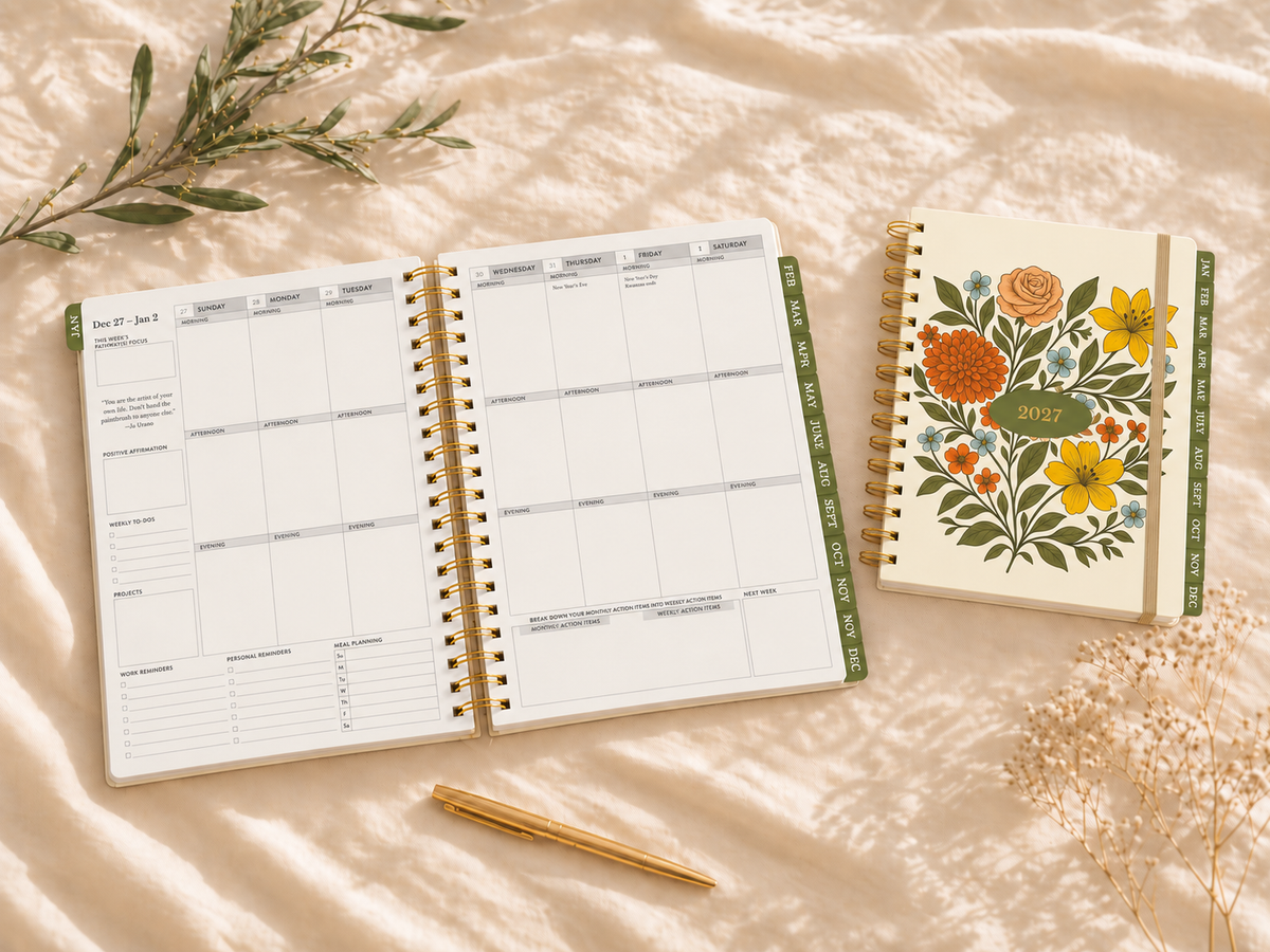 open botanical spiral planner and cover spiral planner on sheet