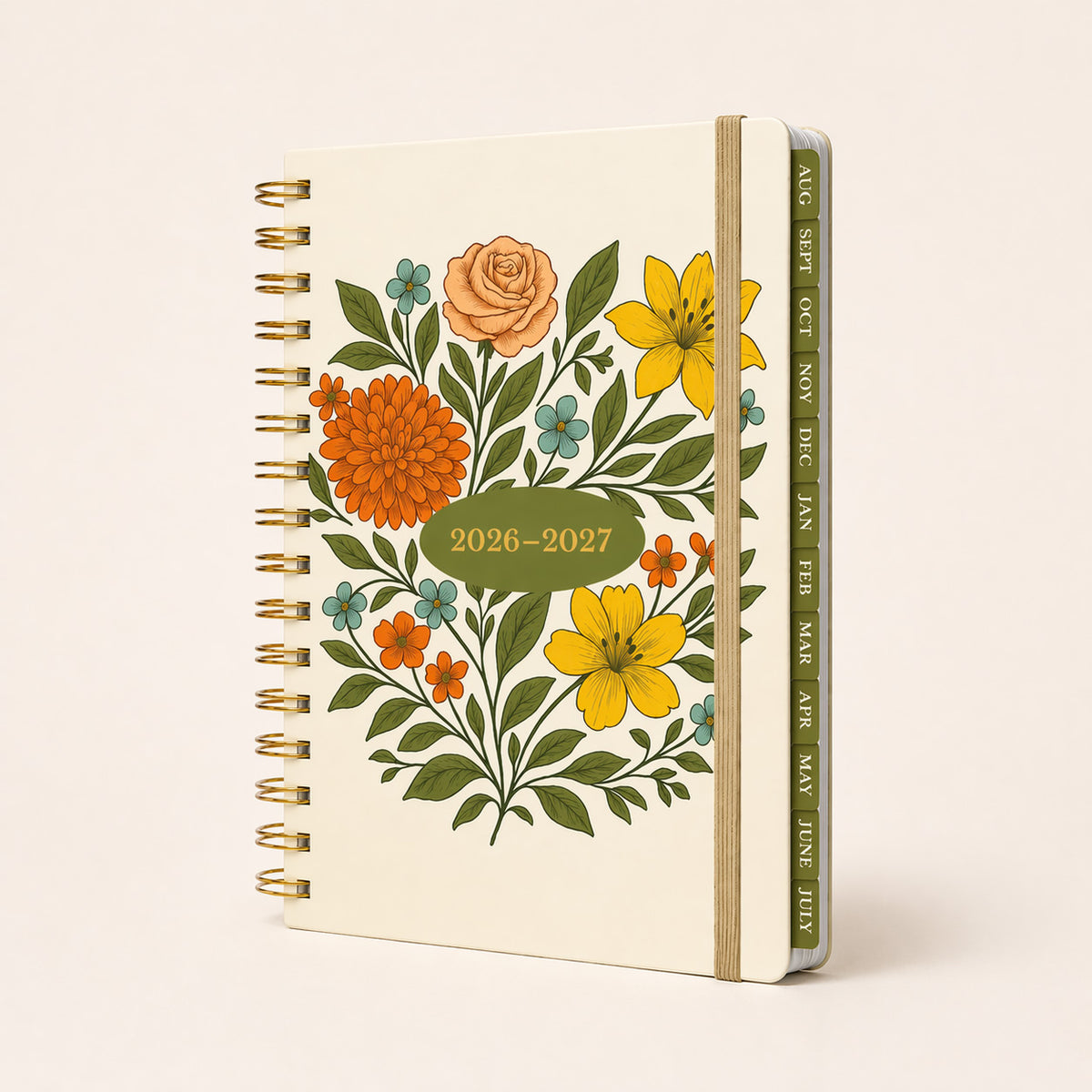 Floral design gold spiral planner with 2026-2027 date range on a beige background