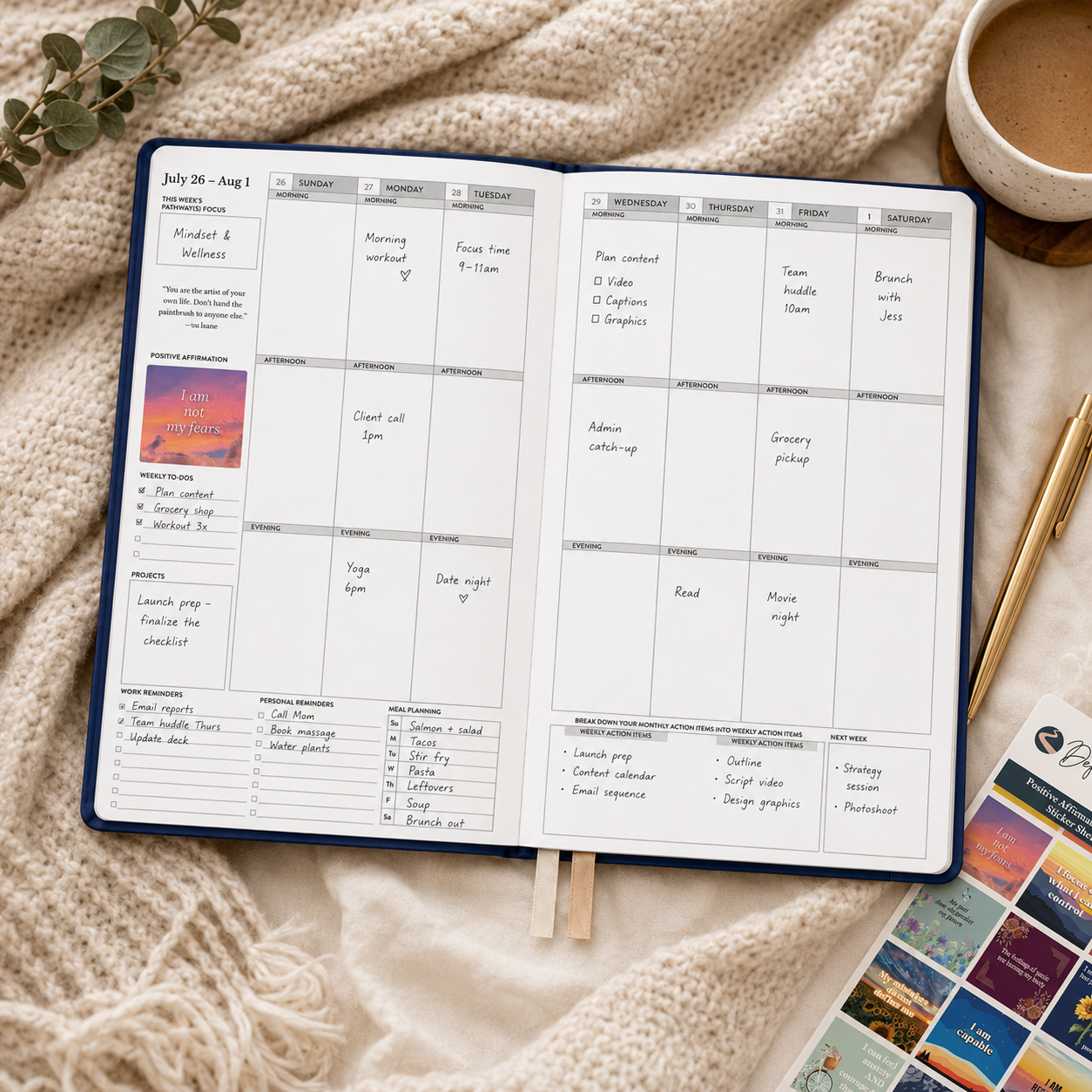 Planner with daily schedule on a textured surface with a cup of coffee and decorative elements.