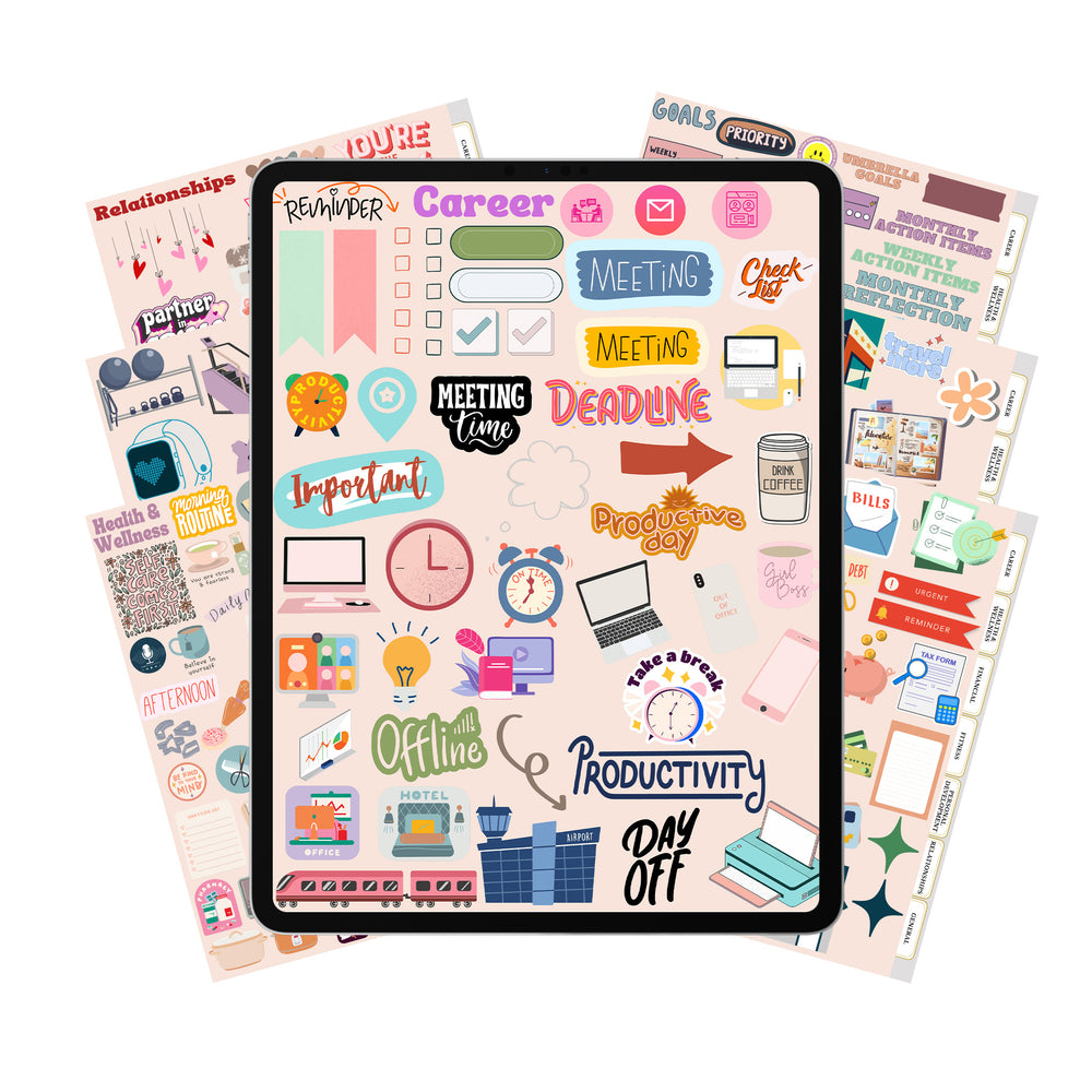 Goal-Planning Digital Sticker Book featuring 330+ pre-cropped stickers for GoodNotes, ideal for productivity, career, wellness, and planning themes.