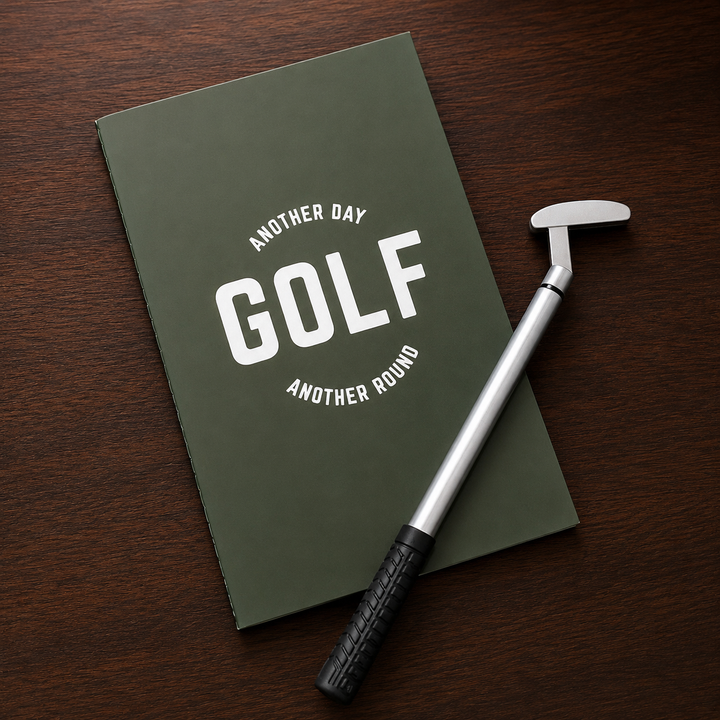 Golf Booklet and pen on a wooden surface 