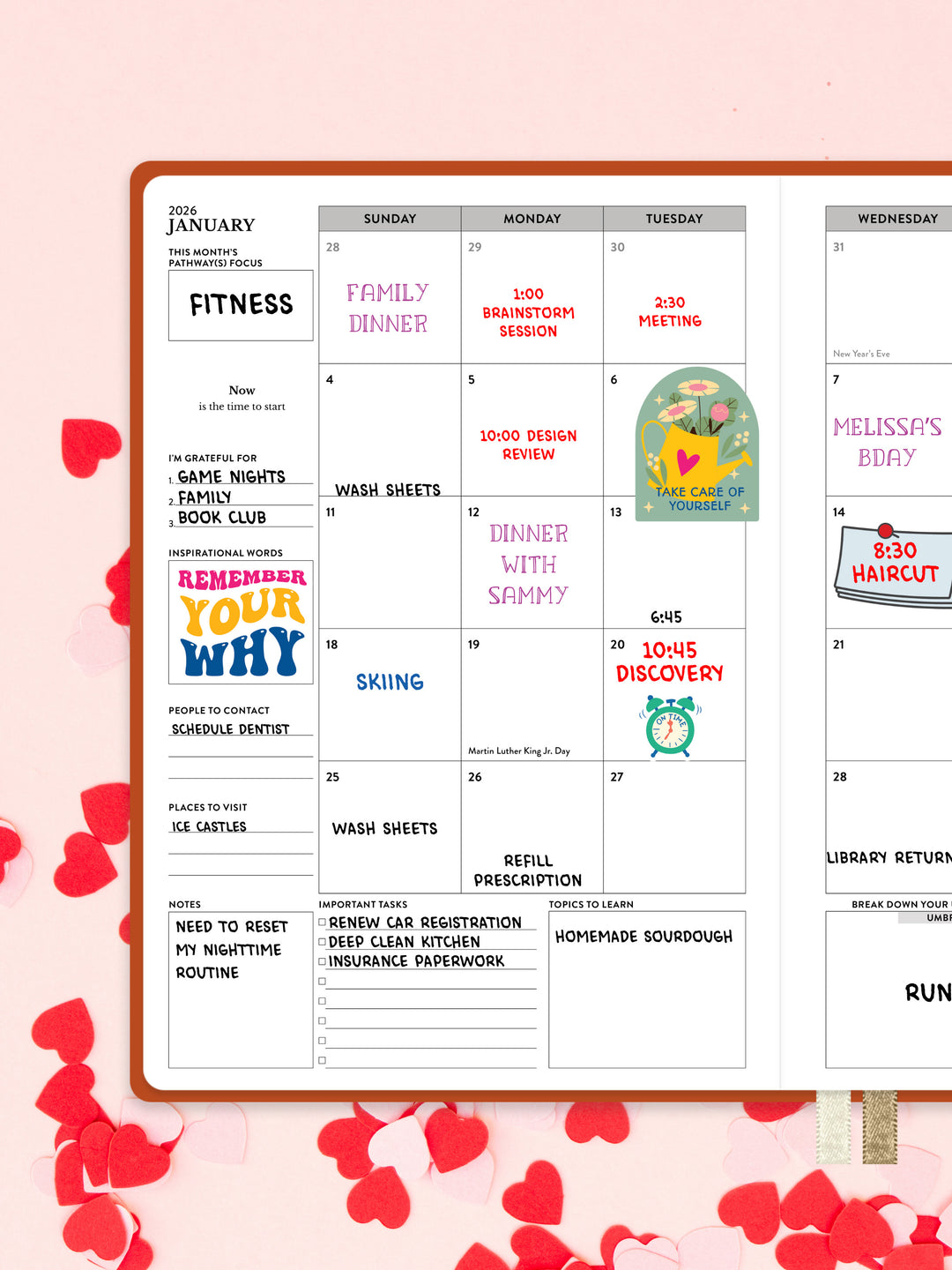 Monthly calendar with colorful design on a pink background with heart shapes