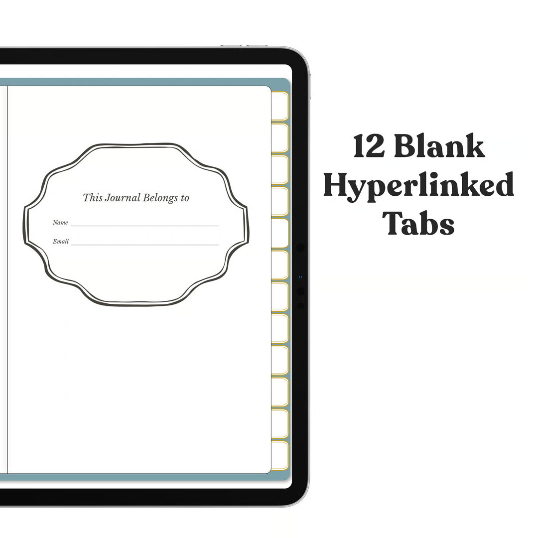 A tablet screen displays a journal page with a decorative label reading &