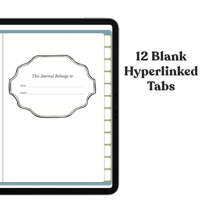 A tablet screen displays a journal page with a decorative label reading &