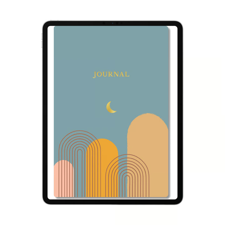A tablet device with a black frame displaying a minimalist journal cover design. The cover features a dusty blue background with the word &