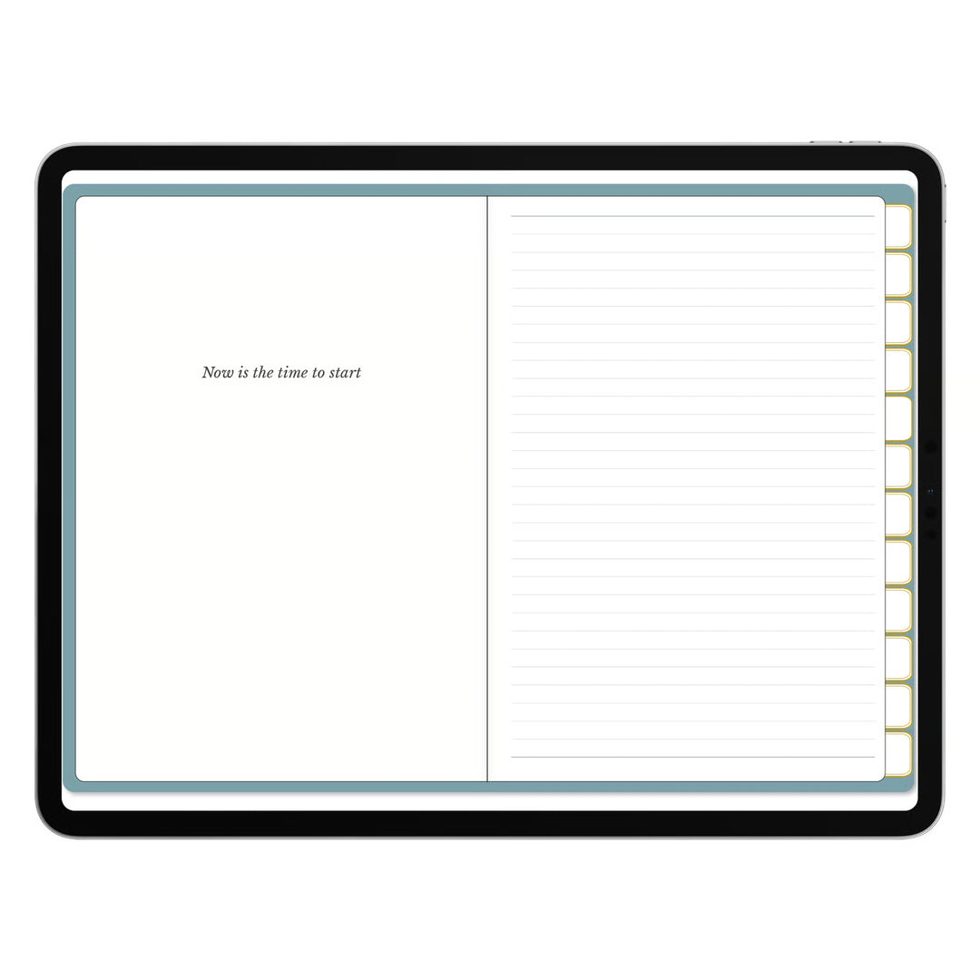 A tablet device with a black bezel displaying an open planner or notebook layout. The screen shows a blank left page with the text &