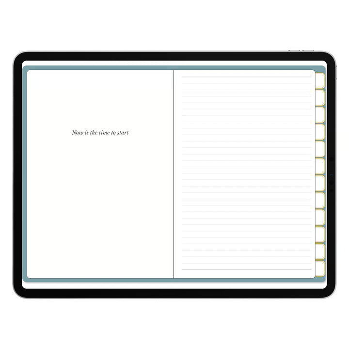 A tablet device with a black bezel displaying an open planner or notebook layout. The screen shows a blank left page with the text &