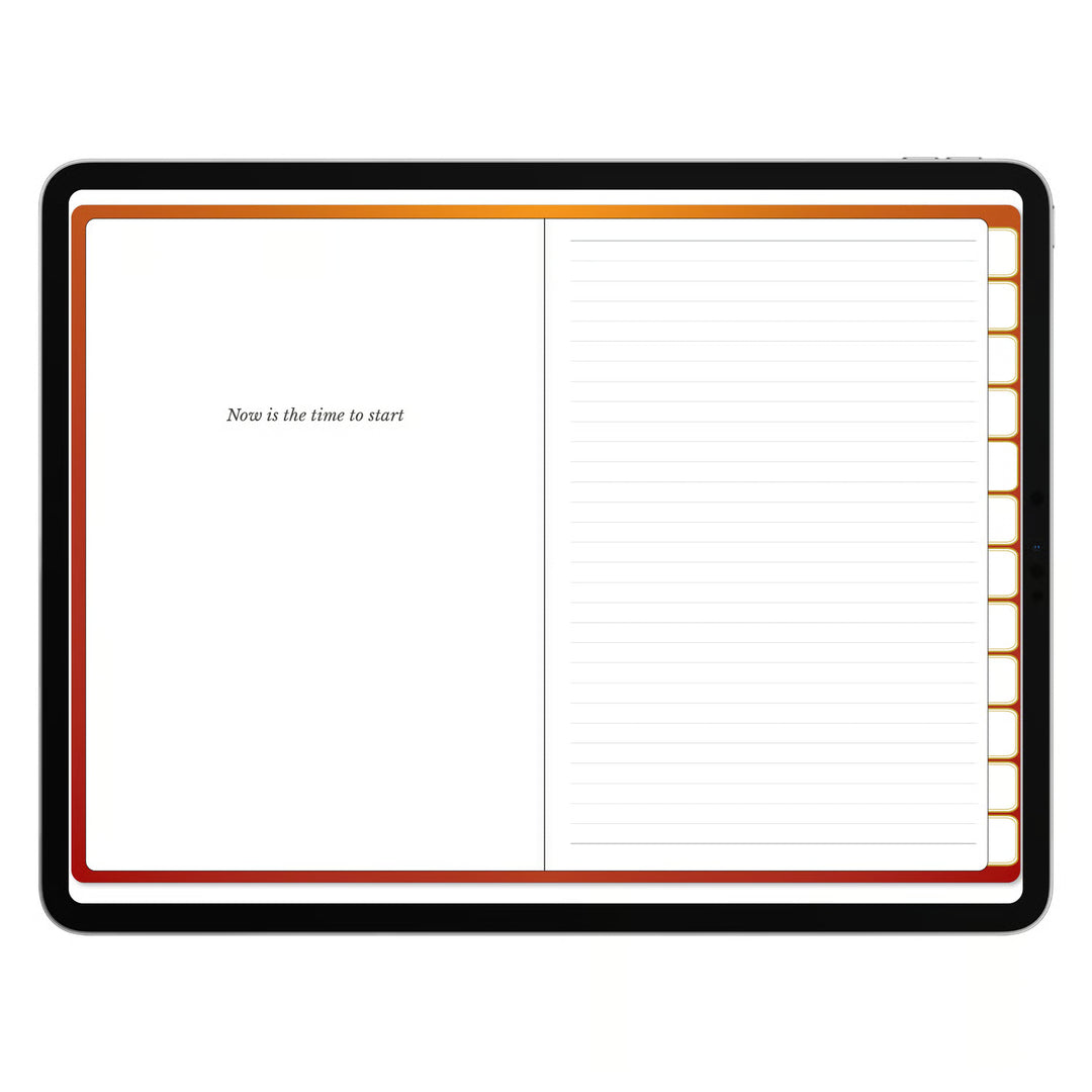 An open planner or notebook with a black cover visible around the edges, showing a two-page spread with a blank left page reading &