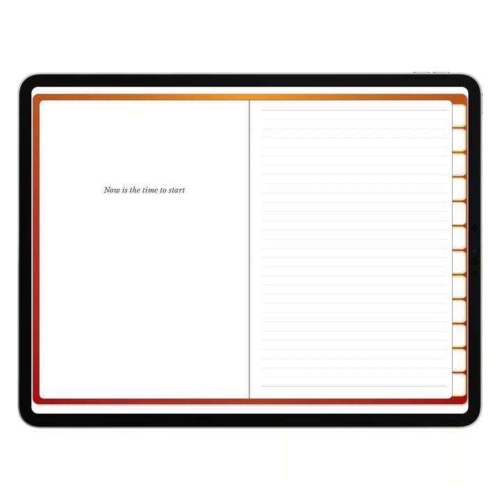 An open planner or notebook with a black cover visible around the edges, showing a two-page spread with a blank left page reading &