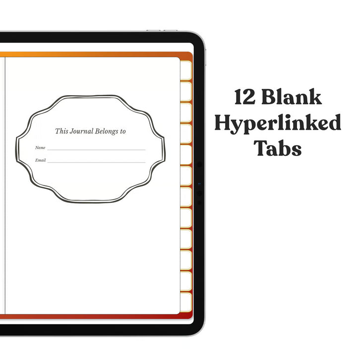 An iPad-style device mockup showing a blank journal or notebook page with a decorative label frame and side tabs, alongside text reading &