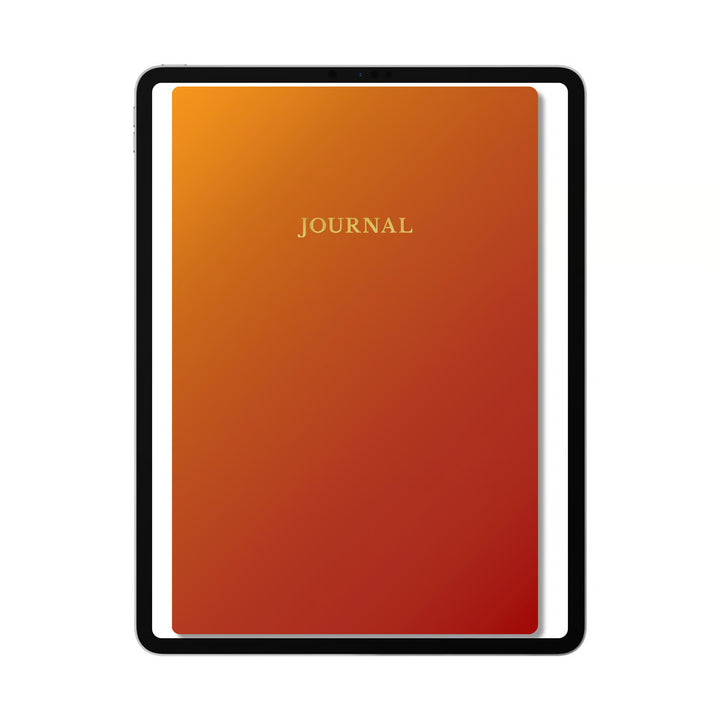 A hardcover journal with a warm orange-to-red gradient cover and the word &