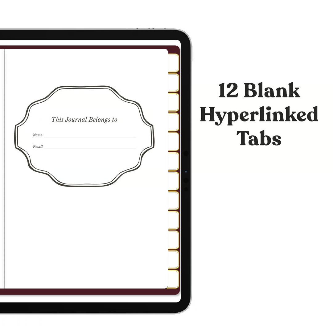 An open journal or planner page shown on a tablet, with a blank tab design preview and text reading &