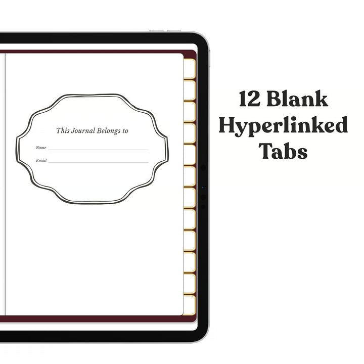 An open journal or planner page shown on a tablet, with a blank tab design preview and text reading &