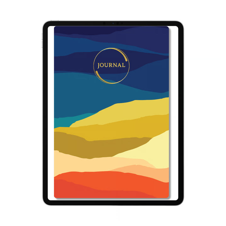 A tablet device displaying a colorful abstract journal cover design with layered blue, teal, yellow, beige, and orange shapes, plus a gold circular logo reading &