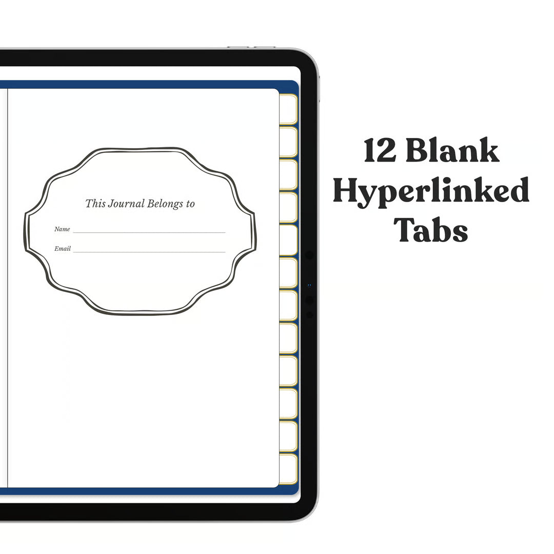 An iPad-style tablet mockup shows a blank journal page with a decorative label frame and a row of hyperlinked page tabs on the right. Text on the right reads &