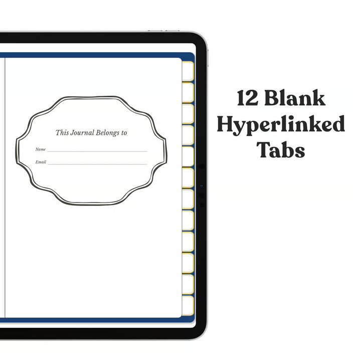 An iPad-style tablet mockup shows a blank journal page with a decorative label frame and a row of hyperlinked page tabs on the right. Text on the right reads &