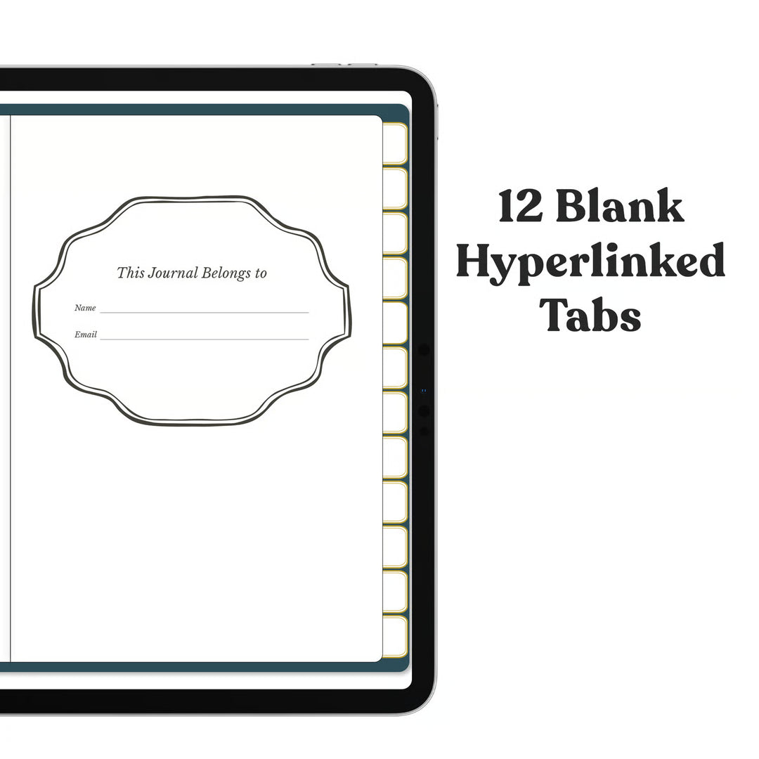 A digital mockup of a tablet showing a blank journal page with a decorative label frame and side tabs, alongside text reading &