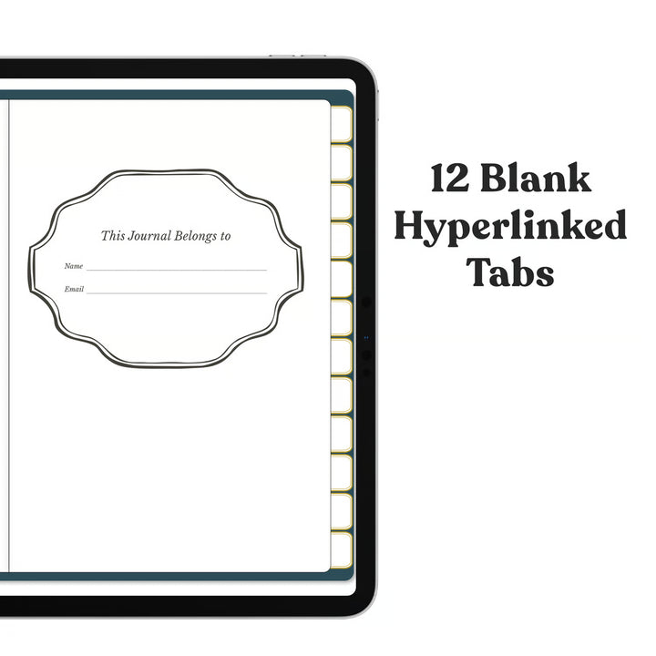 A digital mockup of a tablet showing a blank journal page with a decorative label frame and side tabs, alongside text reading &