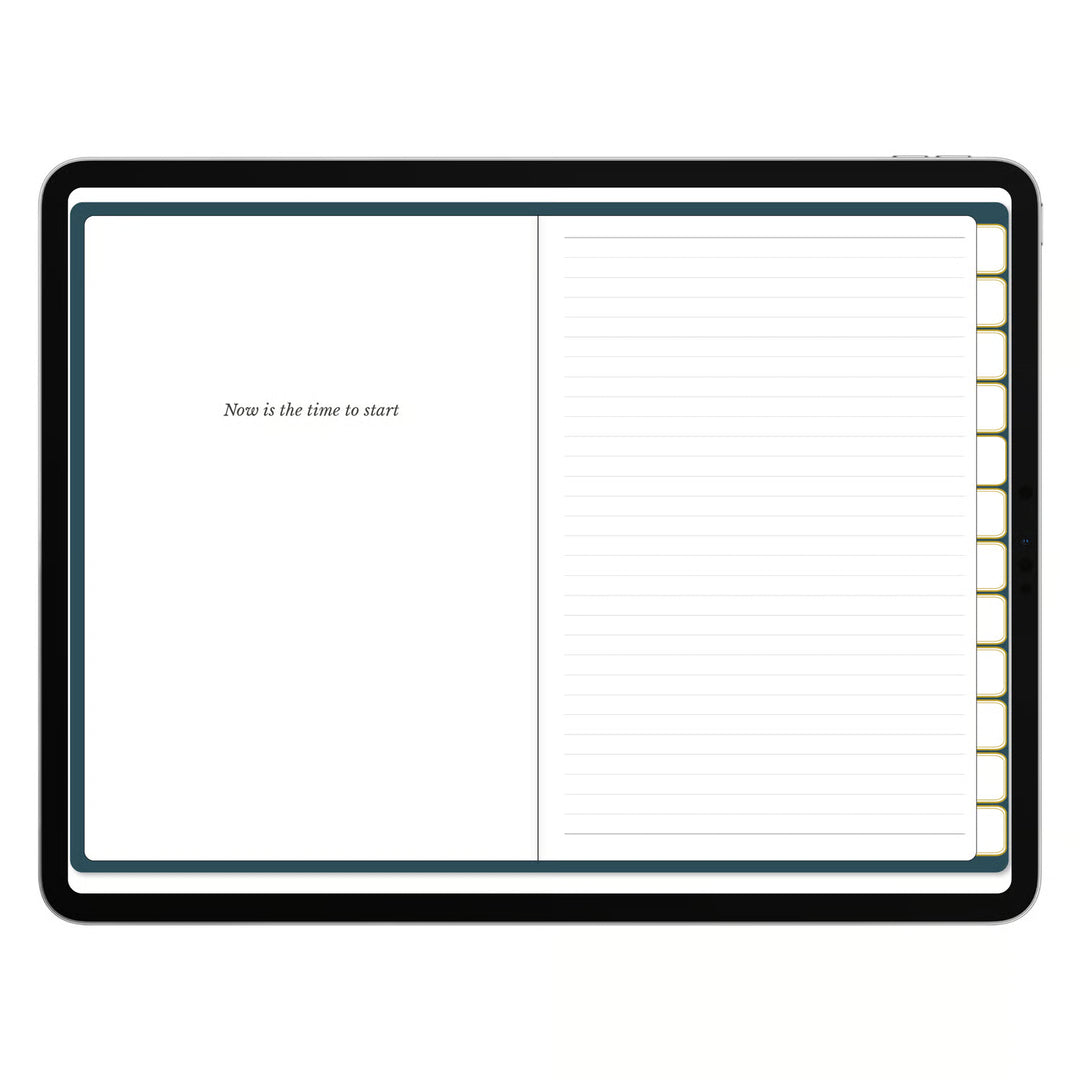 An open notebook or planner spread with a black border, featuring an unlined left page with the text &