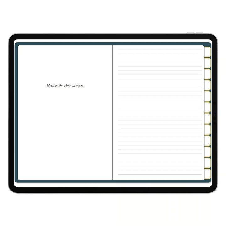 An open notebook or planner spread with a black border, featuring an unlined left page with the text &