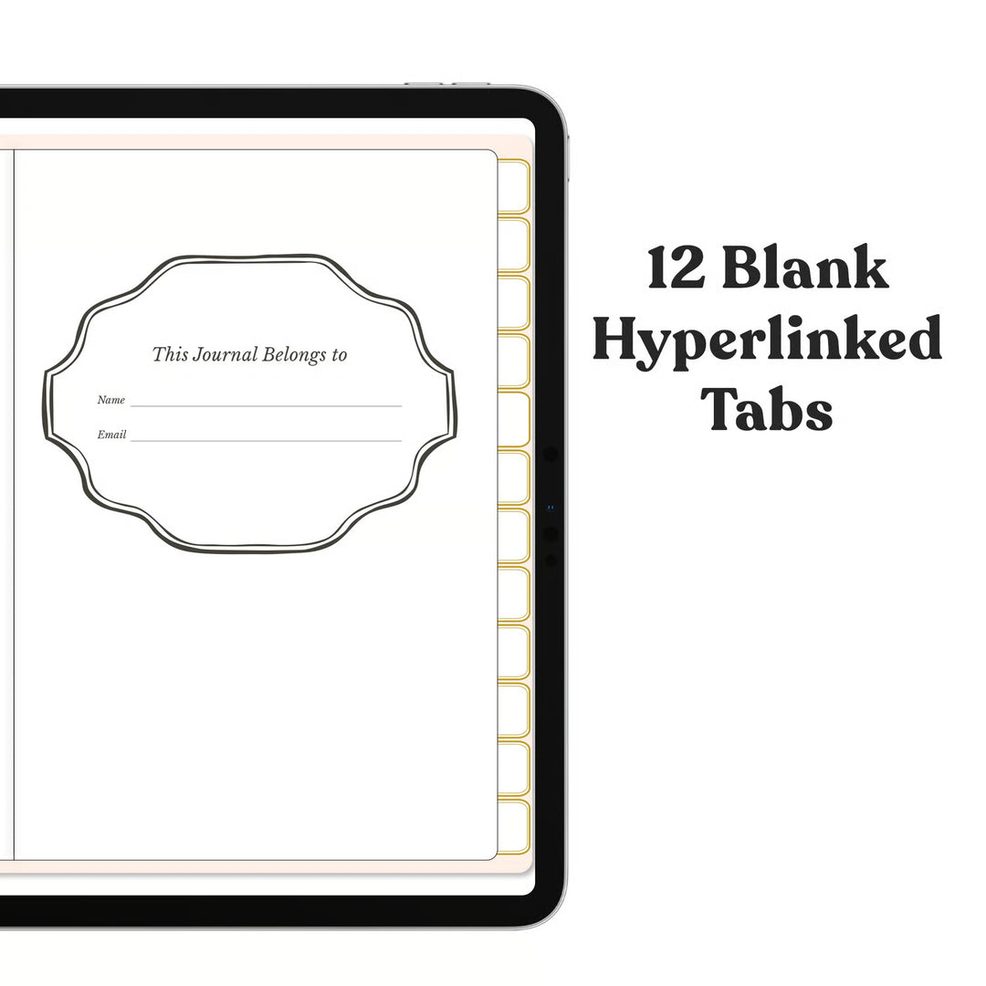 A digital mockup of a journal or planner page displayed on a tablet screen, showing a decorative label frame and a row of hyperlinked tabs on the right. Text on the right reads &