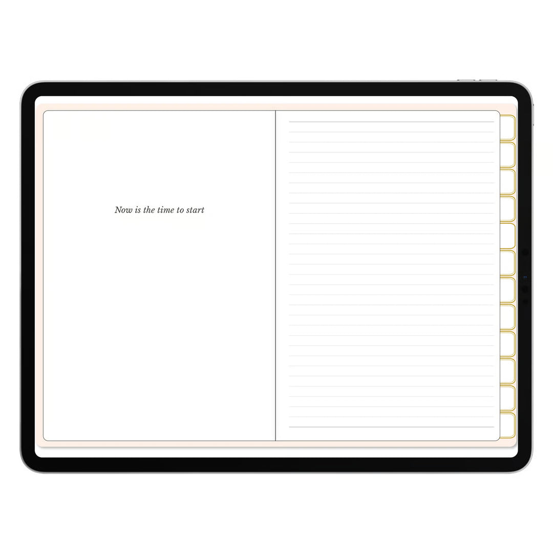 A black tablet or notebook-style device shown from above on a white background, with a blank left page featuring the text &