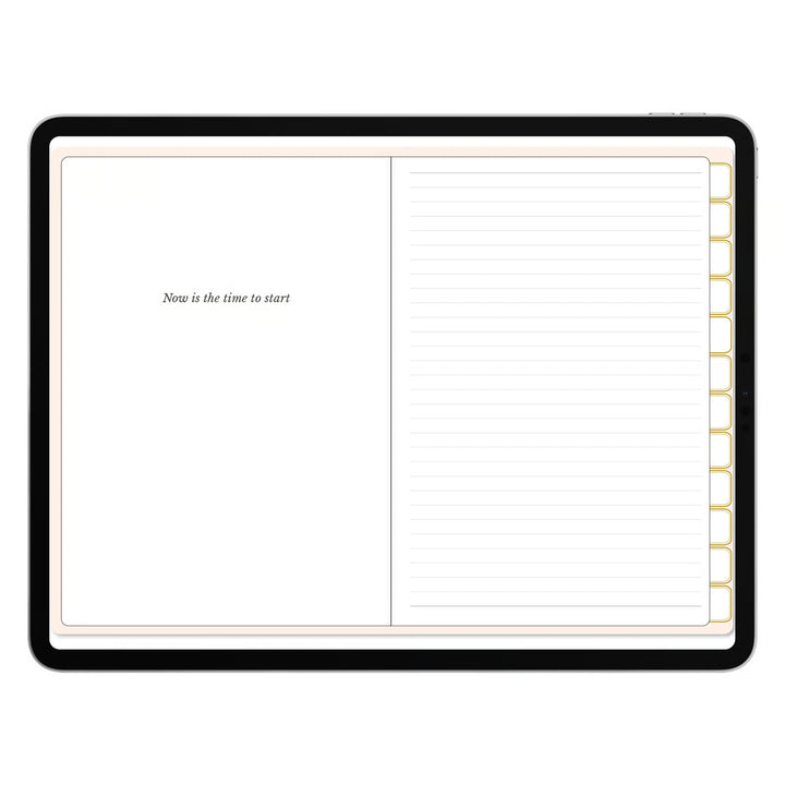 A black tablet or notebook-style device shown from above on a white background, with a blank left page featuring the text &