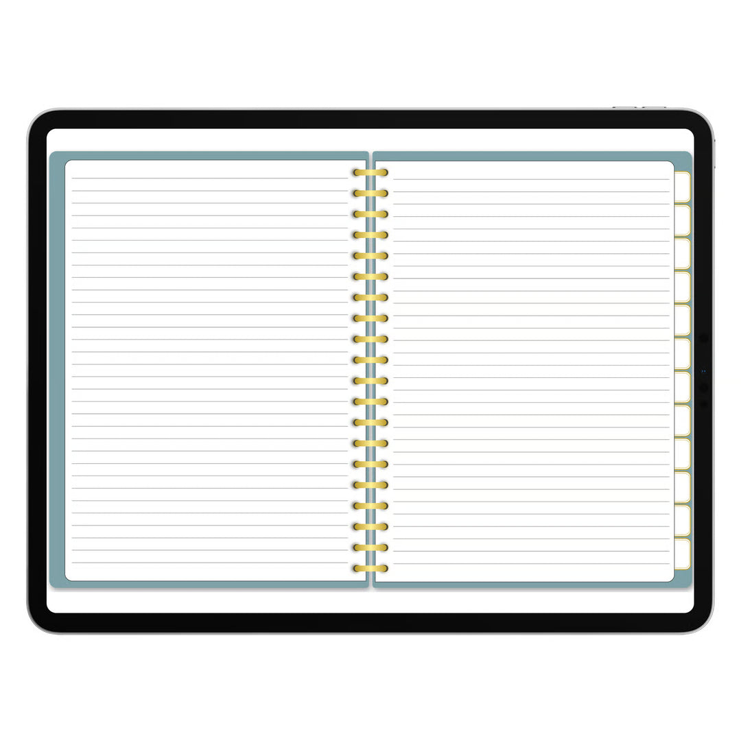 An open spiral-bound notebook with lined pages, a black cover border, and a pale blue inner frame, shown on a plain white background. 