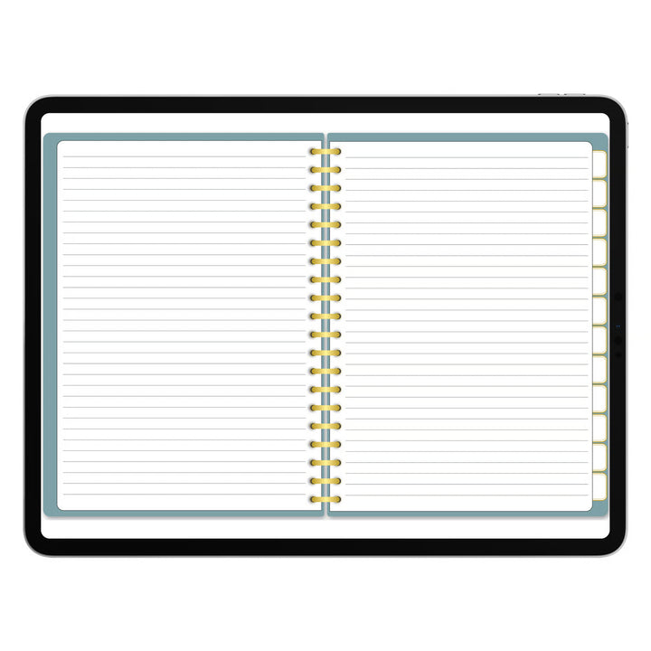 An open spiral-bound notebook with lined pages, a black cover border, and a pale blue inner frame, shown on a plain white background. 