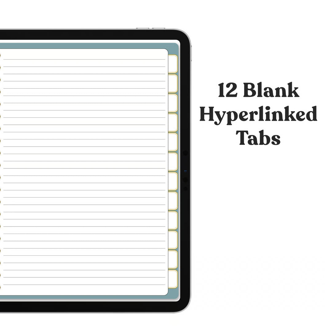 A digital preview of a tablet showing lined planner or document tabs on the right side, with the text &