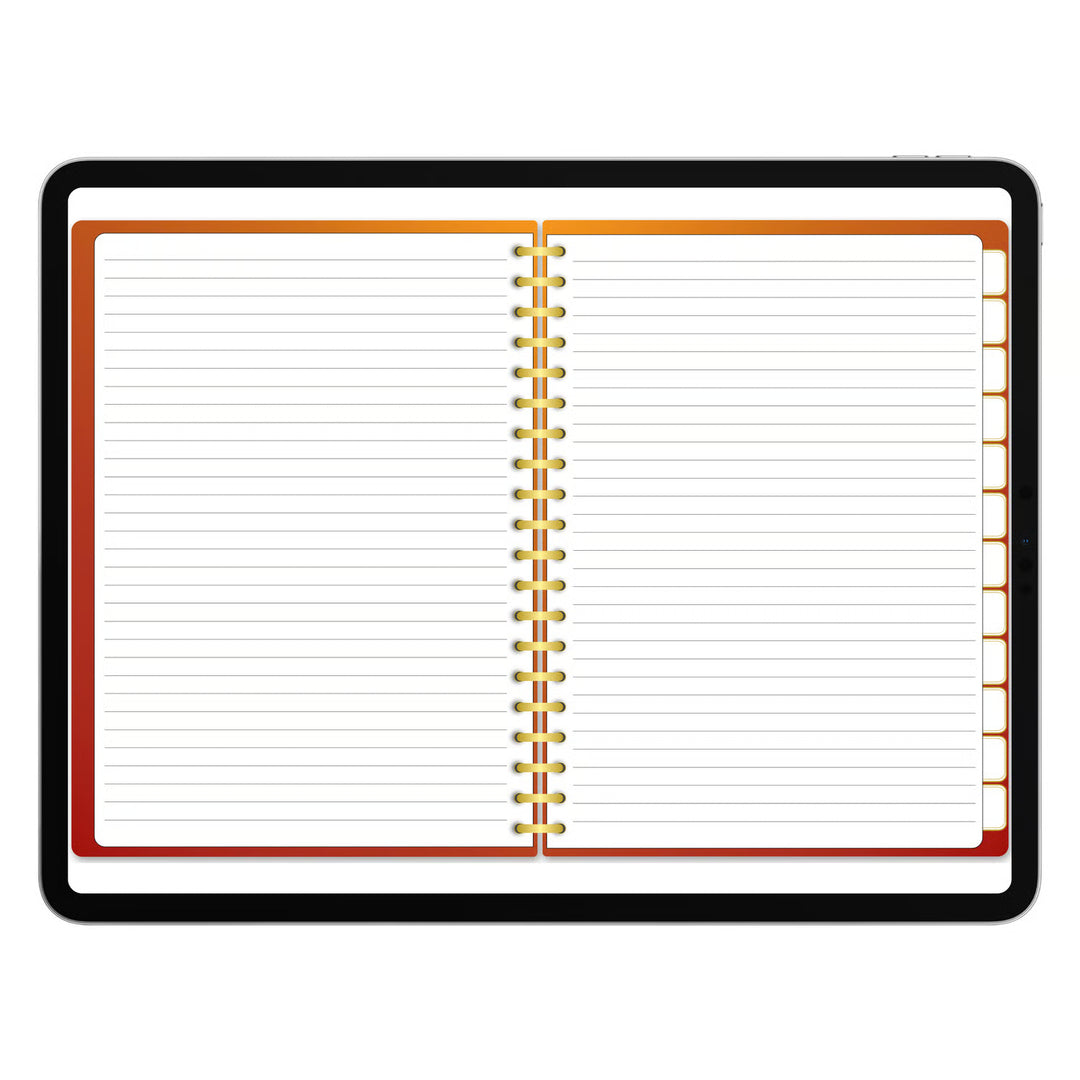 An open lined notebook with gold spiral binding, shown flat against a plain white background. 
