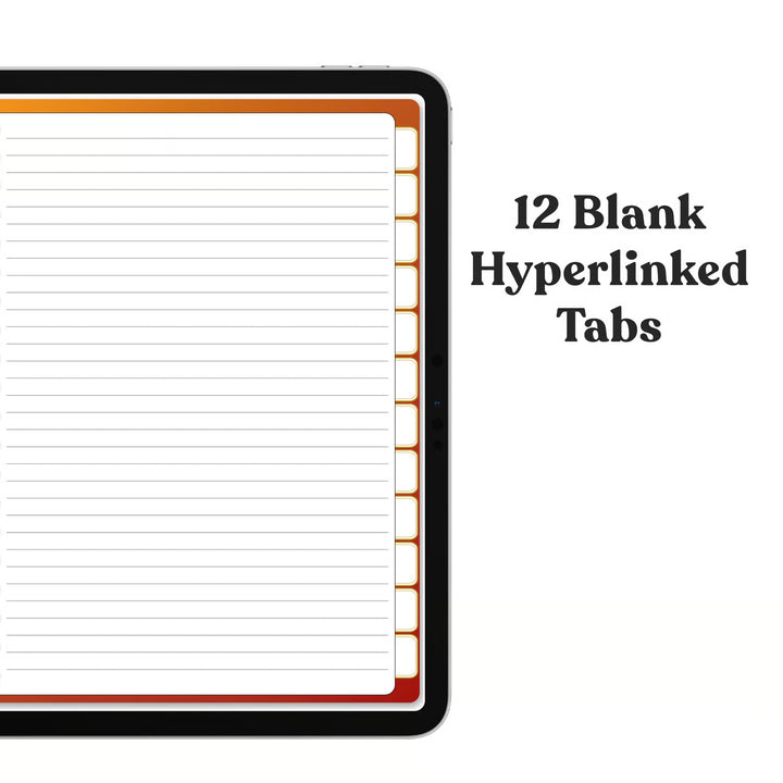 A digital preview of a lined notebook page with 12 blank hyperlinked tabs on the right side, labeled &