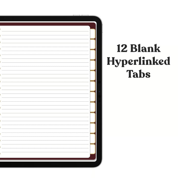 A digital mockup of a lined notebook or planner page with a black border and 12 blank hyperlinked tabs along the right side, shown next to the text &