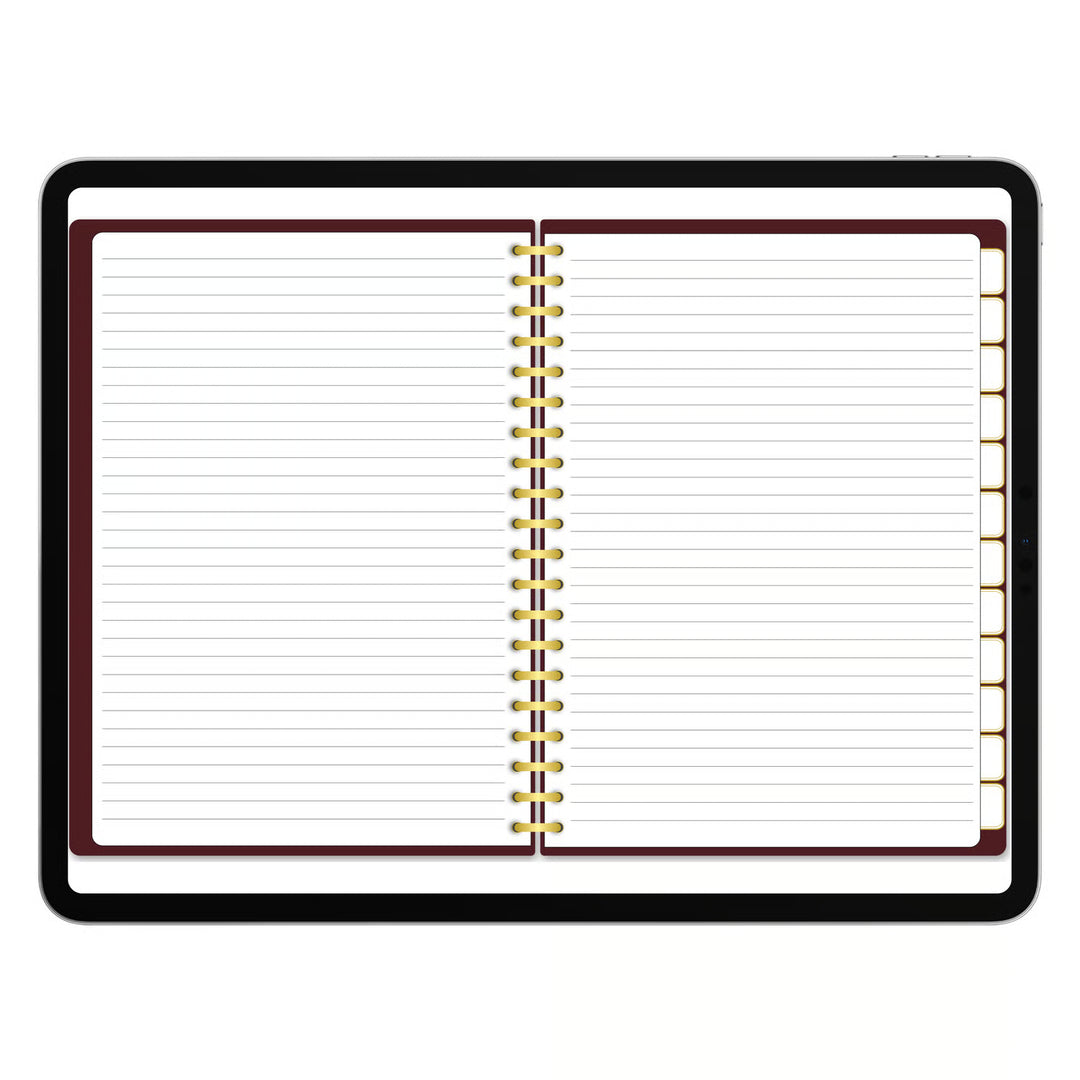 An open spiral-bound lined notebook with white pages, a dark reddish-brown border, and gold-tone wire binding, shown on a plain white background. 