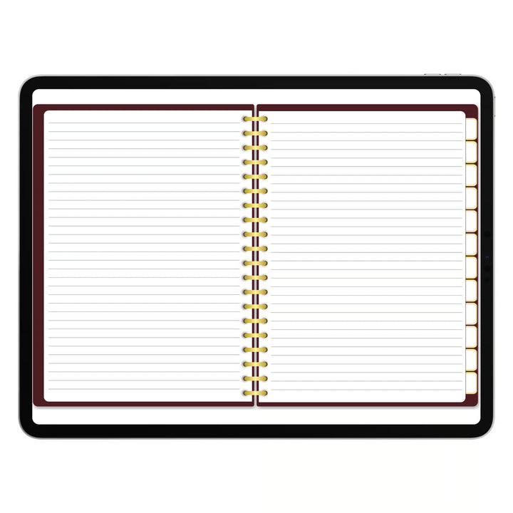 An open spiral-bound lined notebook with white pages, a dark reddish-brown border, and gold-tone wire binding, shown on a plain white background. 