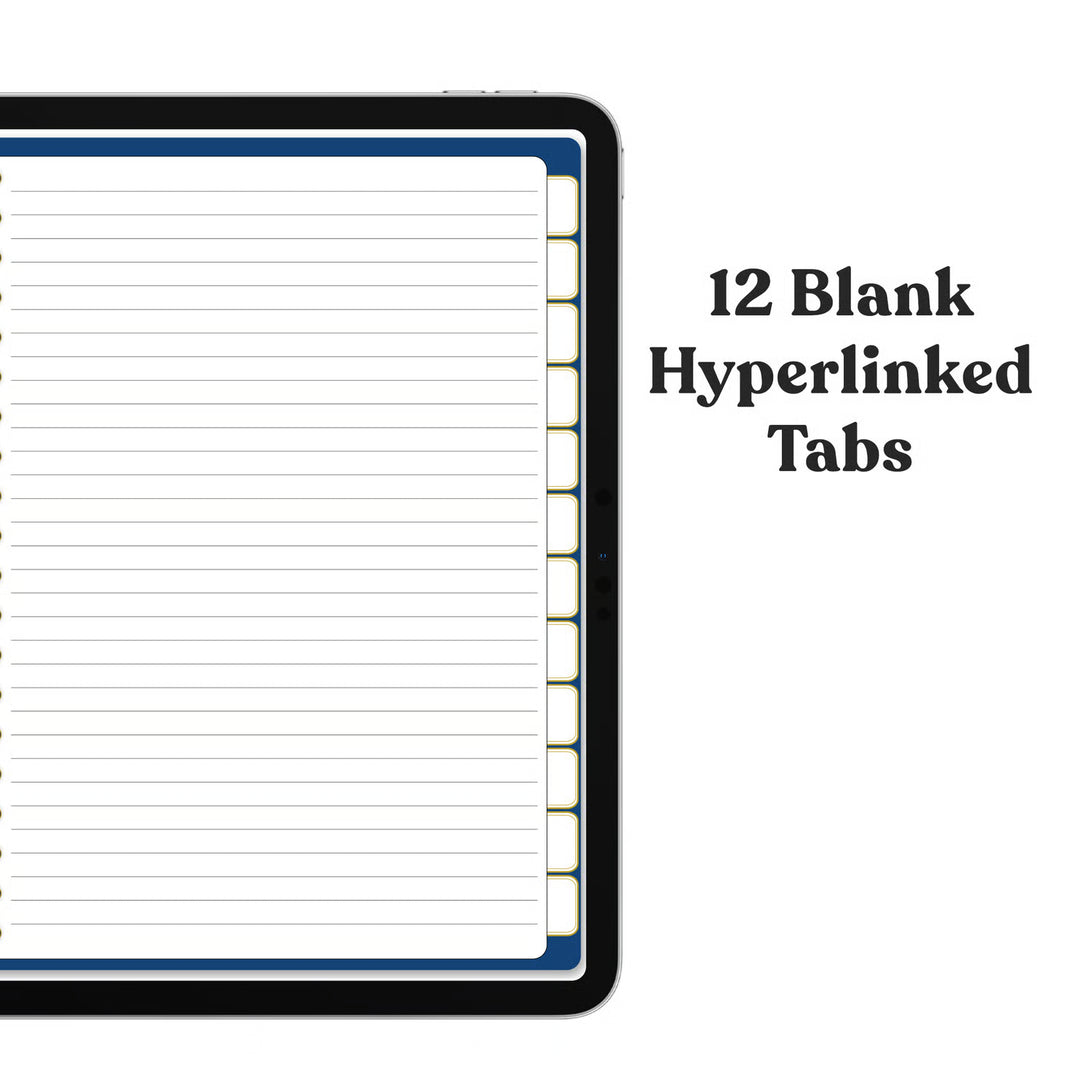 A digital mockup of a lined notebook page displayed on a tablet screen, with the text &