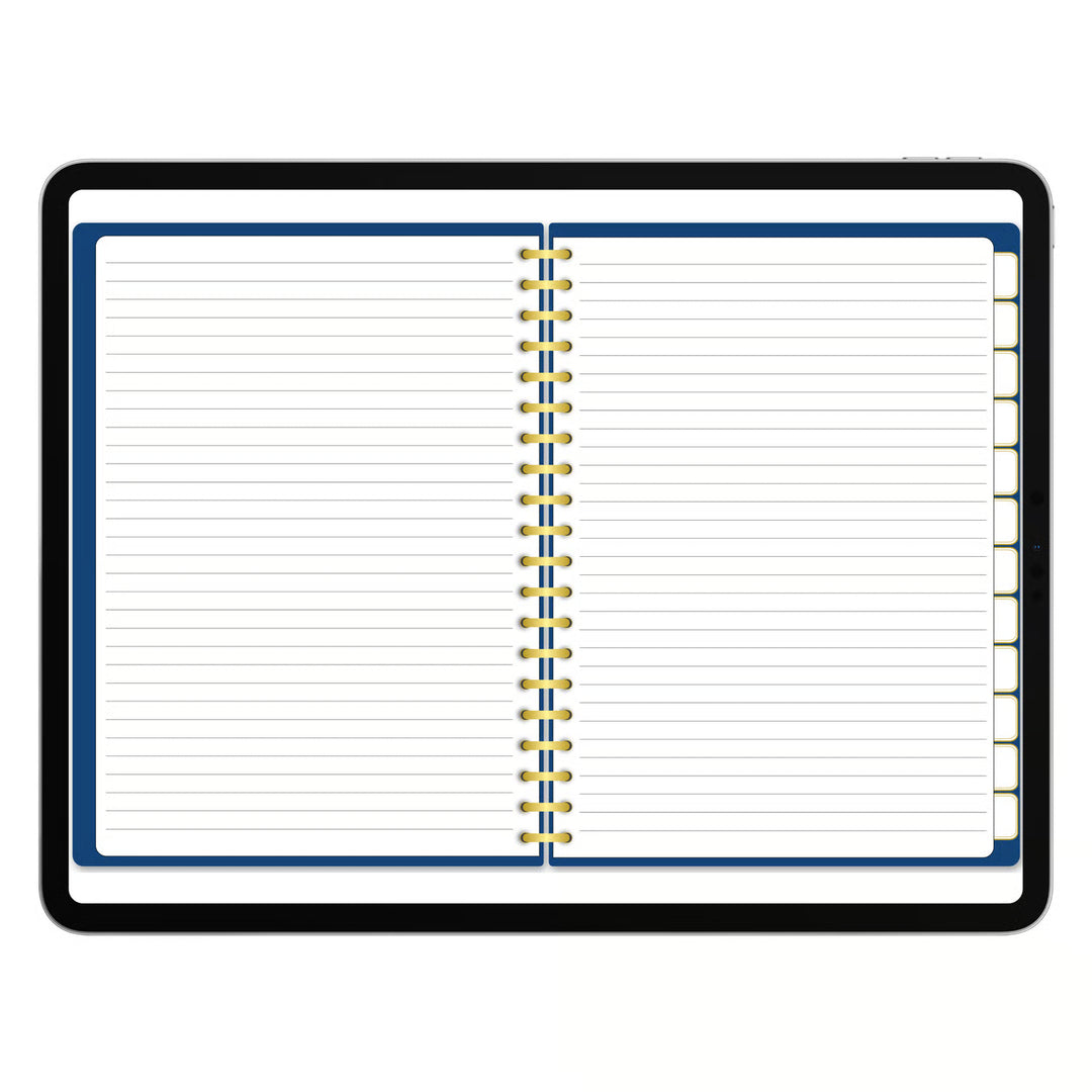 An open spiral-bound notebook with lined pages, a dark blue border, and gold-tone rings, shown on a plain white background. 