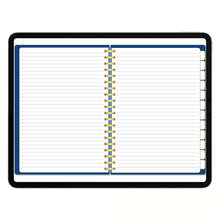 An open spiral-bound notebook with lined pages, a dark blue border, and gold-tone rings, shown on a plain white background. 