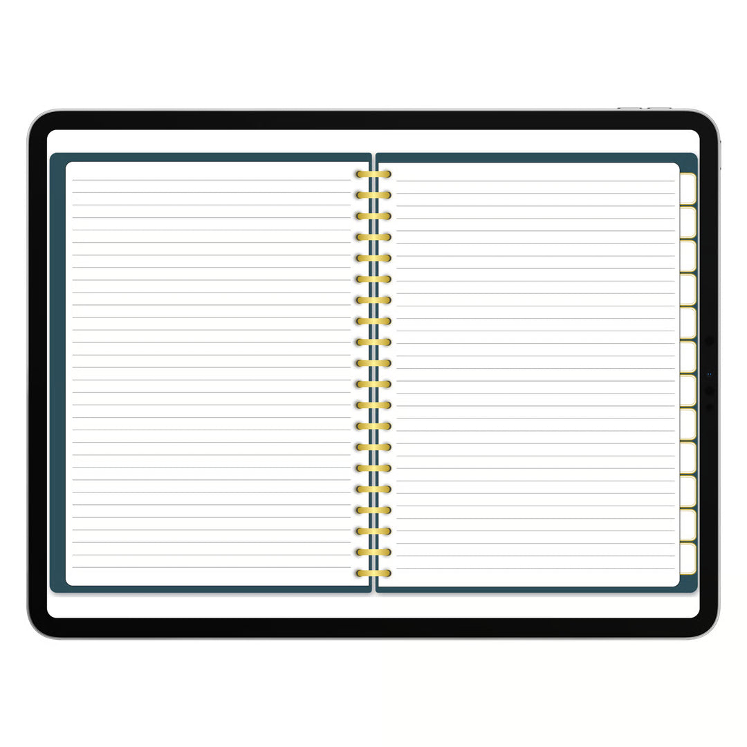 An open spiral-bound lined notebook with a black cover border, dark teal inner frame, and gold spiral binding, shown on a plain white background. 