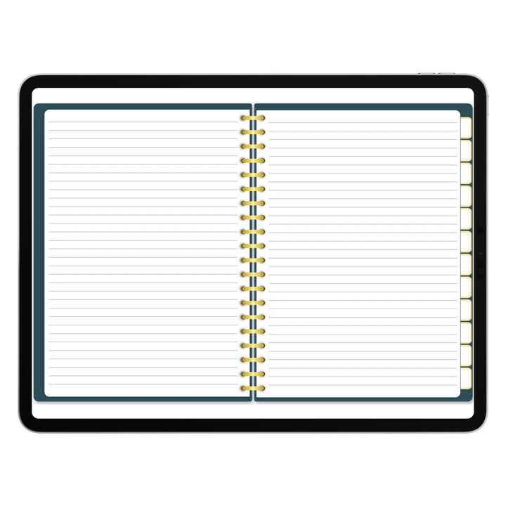 An open spiral-bound lined notebook with a black cover border, dark teal inner frame, and gold spiral binding, shown on a plain white background. 