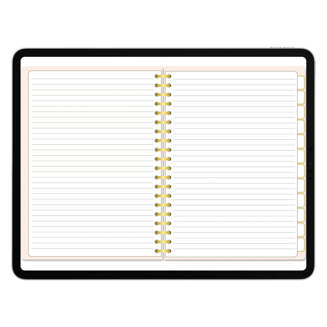 An open spiral-bound lined notebook with gold-tone rings, shown on a plain white background. 