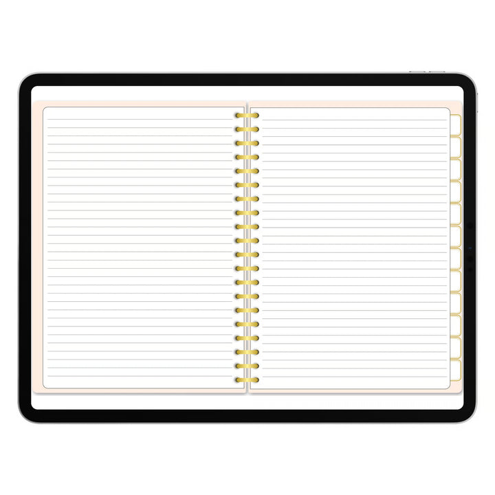 An open spiral-bound lined notebook with gold-tone rings, shown on a plain white background. 