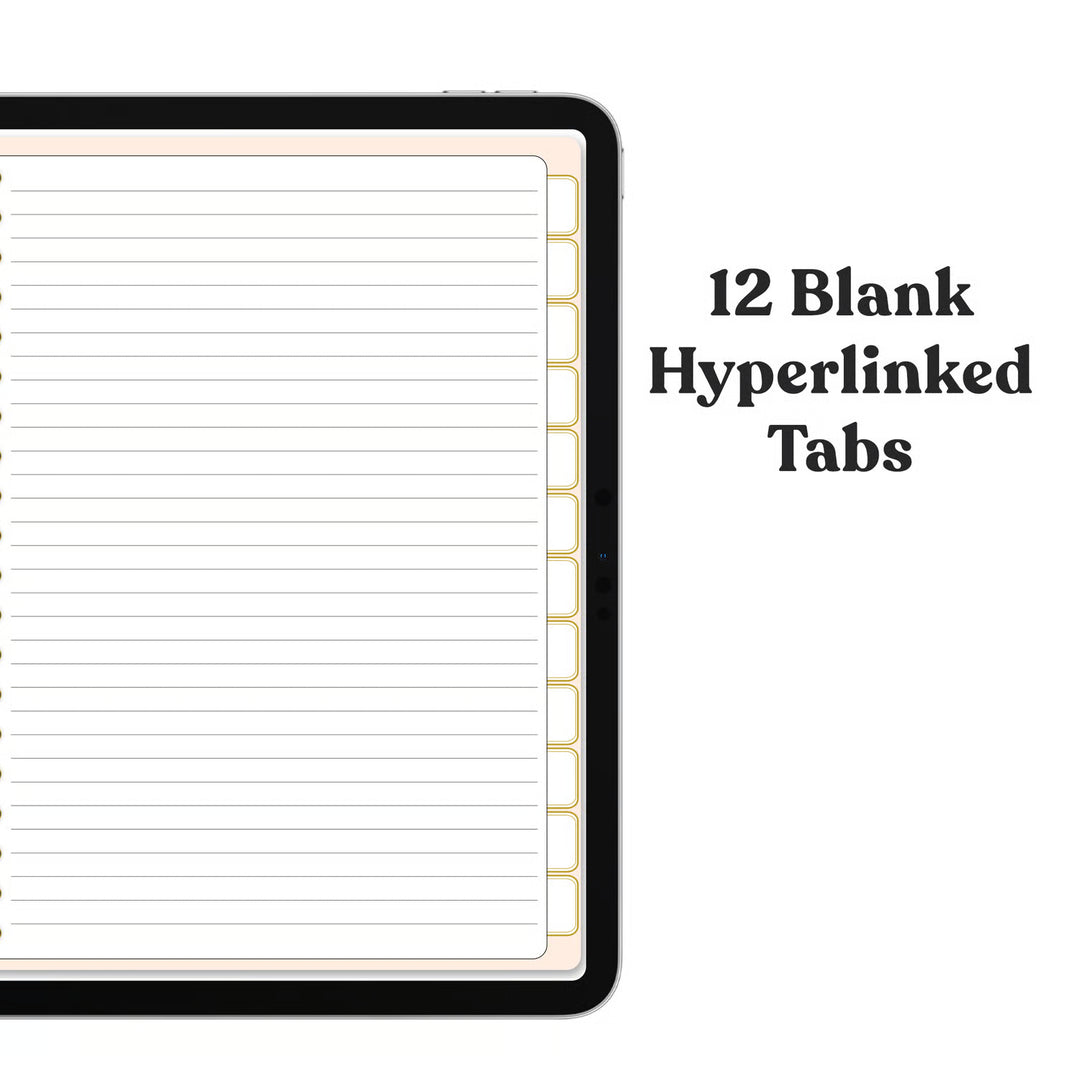A tablet showing a lined digital planner or notebook page with 12 blank hyperlinked tabs on the right side, with text reading &