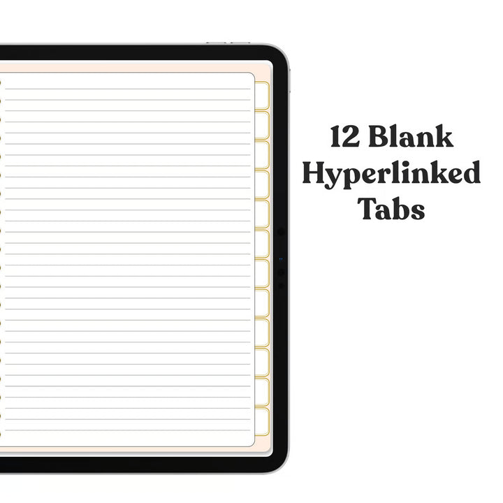 A tablet showing a lined digital planner or notebook page with 12 blank hyperlinked tabs on the right side, with text reading &